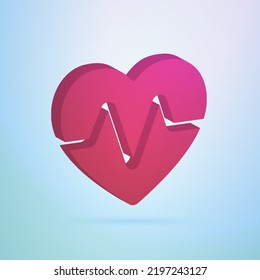 Red heart divided by cardiogram line. Isometric vector echocardiogram with heart icon concept for pharmacy, cardiology healthcare clinic website or medical articles