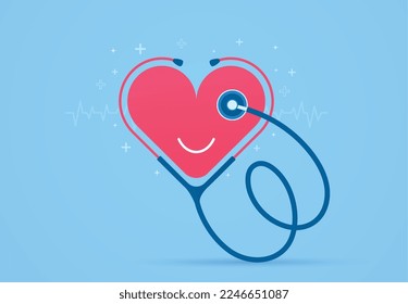 Red heart with doctor's stereoscope on a blue background. Health care and healthy lifestyle concept. Cardiac help, heartbeat pulse line.