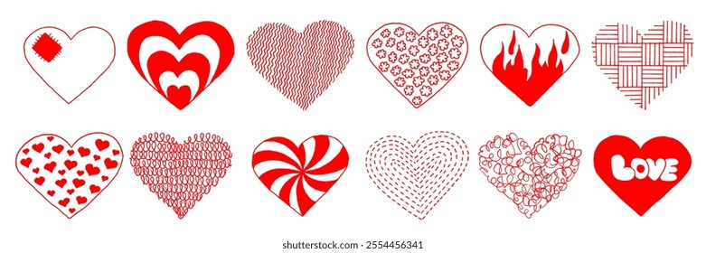 Red heart doodle icon collection. Love symbol hand drawn style for Valentine`s Day cards