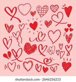 Red heart doodles on pink background. Heart shapes vary: simple, ornate, broken. Heart patterns fill the image. Heart motifs convey love, romance, affection. Cute hand drawn Valentine's Day vector set
