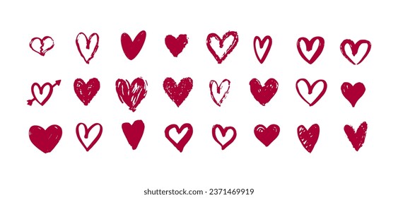 Doodles del Corazón Rojo. Colección de corazones dibujados a mano. Ilustración vectorial de icono de amor
