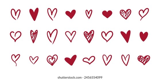 Red Heart doodles set. Hand drawn hearts collection. Love icon vector illustration