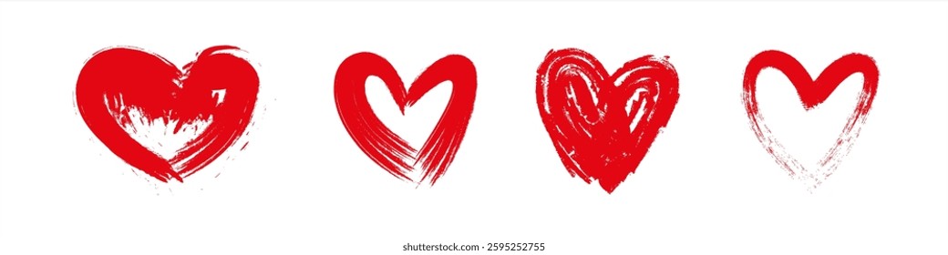 Red heart doodles set. Hand drawn hearts collection. Romance and love illustrations. Vector 10 eps.