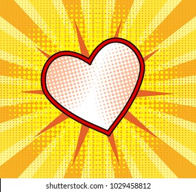 red heart with dot on yellow stripped background in pop art retro comic style, stock vector illustration