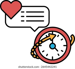 Um coração vermelho é desenhado acima de um relógio com uma seta azul apontando para a direita. O relógio está definido para 12:00
