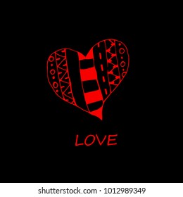 Red heart drawn in dudling style on a black background. Greeting card with Valentine's Day.