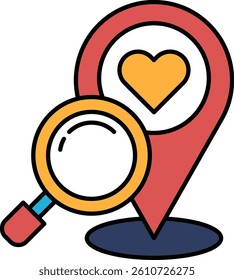 A red heart is drawn on a map with a magnifying glass. The heart is located at the center of the map, and the magnifying glass is drawn above it. Concept of curiosity and exploration
