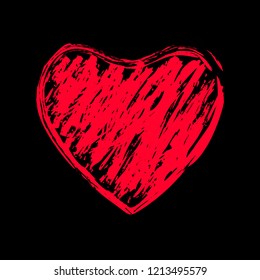 Red heart drawn in pencil on a black background, vector