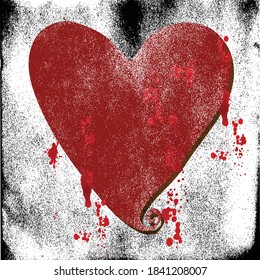 Un corazón rojo con una gota de sangre El fondo es un salpicón granulado.