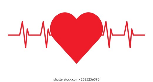 Red heart with electrocardiogram heartbeat line on white background, symbol of health, love, care, medical monitoring, fitness, cardiology, isolated graphic for healthcare or wellness design.