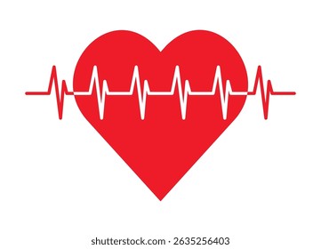 Red heart with electrocardiogram heartbeat line on white background, symbol of health, love, care, medical monitoring, fitness, cardiology, isolated graphic for healthcare or wellness design.