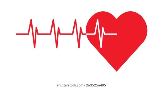 Red heart with electrocardiogram heartbeat line on white background, symbol of health, love, care, medical monitoring, fitness, cardiology, isolated graphic for healthcare or wellness design.