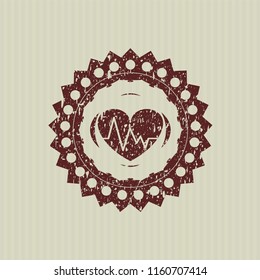 Red heart with electrocardiogram icon inside distressed rubber stamp