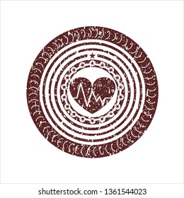 Red heart with electrocardiogram icon inside distressed rubber seal