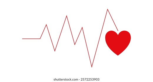 Red heart with electrocardiogram line on white background. Minimalistic medical or love themed concept illustration.