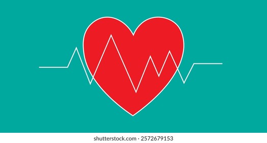 Red heart with electrocardiogram line on teal background. Minimalistic medical concept illustration.