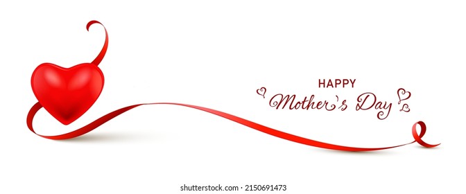 Red heart with elegant curled ribbon and calligraphy - happy mother's day