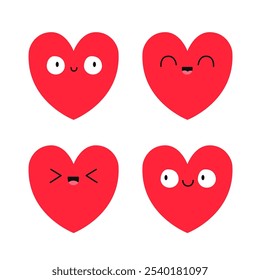 Conjunto de iconos de emoji de corazón rojo. Corazones con ojos. Cabeza sonriente de la cara feliz. Feliz día de San Valentín. Personaje divertido de dibujos animados kawaii lindo. Símbolo de signo de amor. Tarjeta de felicitación. Diseño plano. El fondo blanco. Vector