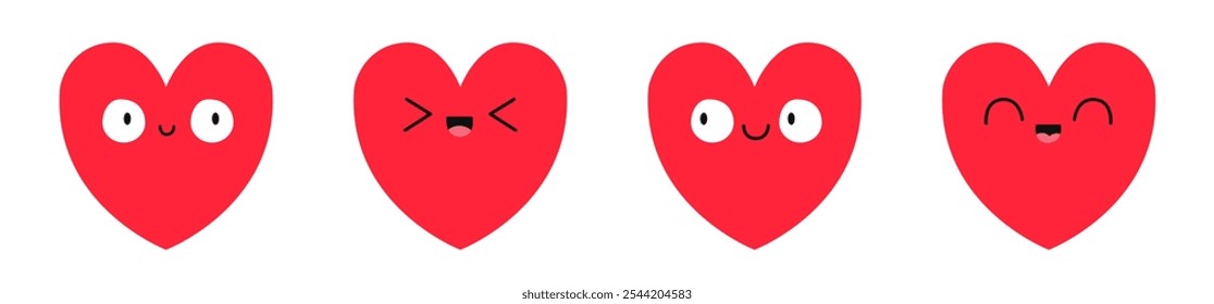 Línea de conjunto de iconos de emoji de corazón rojo. Cabeza sonriente de la cara feliz. Corazones con ojos. Feliz día de San Valentín. Lindo personaje de dibujos animados kawaii. Tarjeta de felicitación. Símbolo de signo de amor. Diseño plano. El fondo blanco. Vector