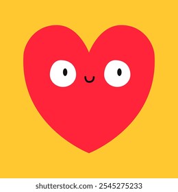 Icono de emoji de corazón rojo. Cabeza sonriente de la cara feliz. Corazón con ojos. Feliz día de San Valentín. Caricatura kawaii linda del bebé divertido. Símbolo de signo de amor. Tarjeta de felicitación. Diseño plano. Fondo amarillo. Vector