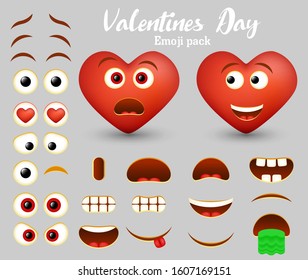 Red heart emoticon character maker. Vector set of emoticon face parts for your own heart emoji creation with different facial expressions. Happy Valentines Day emoji pack.