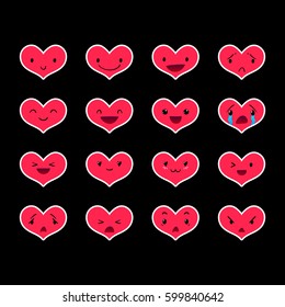 Red heart emoticons with different lovely emotions, vector set of various hand-drawn cute expressions, EPS 10