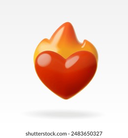 A red heart engulfed in fire is a vibrant 3D vector illustration. A glossy emoji that conveys intense love or passion, ideal for social media and chats. Isolated background.