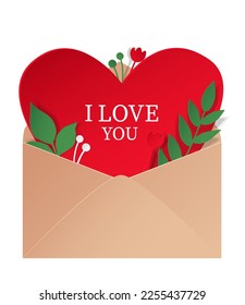 Red heart in envelope with flowers in paper cut style. Greeting card for Valentine's Day. EPS 10.