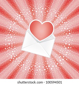Red heart in envelope on beam ray background.