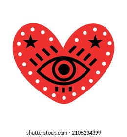 Red heart with eye. Romantic icon for Valentines Day. Vector illustration