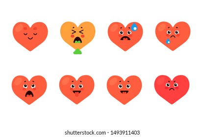 red heart face cute isolated on white set
