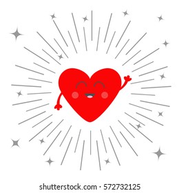 Red heart face head with hands. Cute cartoon kawaii smiling character. Round line shining star circle. Valentines day sign symbol. Greeting card. Isolated. Flat White background. Vector illustration
