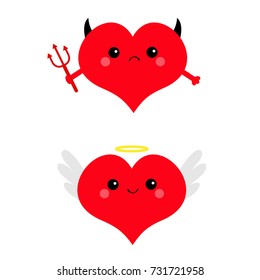 Red heart face head icon set. Devil Angel Evil amour. Trident horn wing nimbus. Cute cartoon kawaii character. Happy Valentines day sign symbol. Flat design. Greeting card. White background. Vector