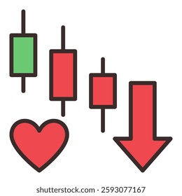 Red Heart with Falling Candlestick Chart vector Emotional Connection to Trading concept colored icon or design element