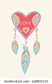  Red heart and feathers. Boho style. Element for your design. Vector art