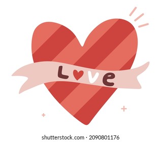Red heart with a festive ribbon with the inscription Love great for Valentine's Day, March 8