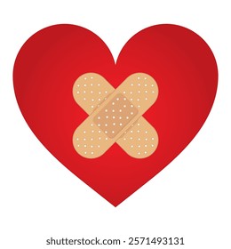 Red Heart fixed with a plaster patch, vector illustration icon or logo, fixed broken heart concept, breakup or divorce, heartbreak regret, separated couple, tragic love.