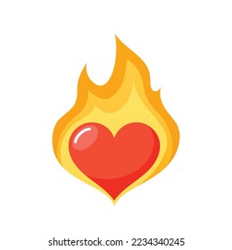 Red Heart in Flame, Romantic Element for for Valentines Day or Wedding Greeting Card. Love, Passion, and Loving Relations Symbol, Burning Heart in Glowing Fire. Cartoon Vector Illustration