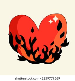 Red heart with flames. Vector flat illustration. Modern vector illustration in retro style. Symbol of passion and love. Bright shining blazing heart