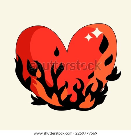 Red heart with flames. Vector flat illustration. Modern vector illustration in retro style. Symbol of passion and love. Bright shining blazing heart