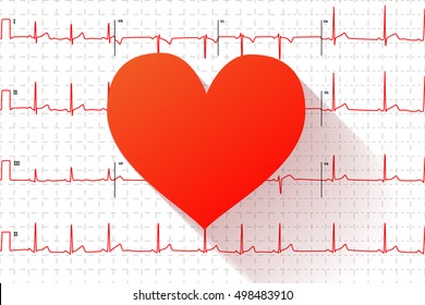 Red heart flat icon with long shadow on typical human electrocardiogram graph with marks on white