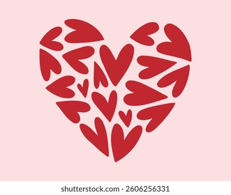 Red heart flat valentine love sign. Trendy heart doodle hand drawn icon. A heart of many little hearts clipart symbol. Vector illustration