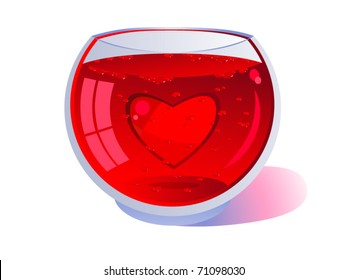 Red heart floating in a clear glass. Red liquid with bubbles. Wine or blood. Background. Valentine's Day. Isolated on white background.