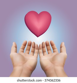 Red heart floating on two hand with purple background,taking care love concept