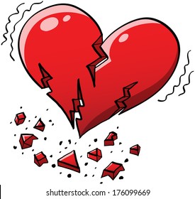 Red heart floating, trembling and starting to crack and tearing apart into pieces like in a heartquake