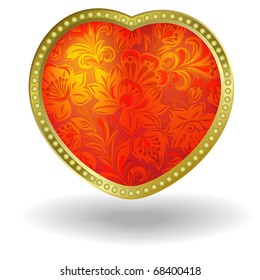 red heart with red floral ornament isolated on a white