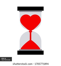 Red heart flow in hourglass & flat glass design sand glass for valentines day. Save heart countdown measurement. time to love the concept of creative isolated carton.