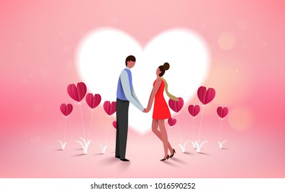 Red heart flower on pink background with  sweet couple on honeymoon vacation summer holidays romance. Love concept. Happy Valentine's Day wallpaper, poster, card. Vector illustration.