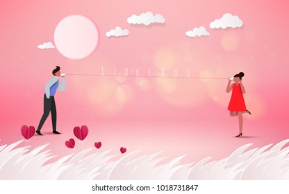 Red heart flower on pink background with  sweet couple on honeymoon vacation summer holidays romance. Love concept. Happy Valentine's Day wallpaper, poster, card. Vector illustration.