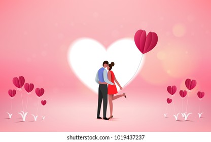 Red heart flower on pink background with  sweet couple on honeymoon vacation summer holidays romance. Love concept. Happy Valentine's Day wallpaper, poster, card. Vector illustration.